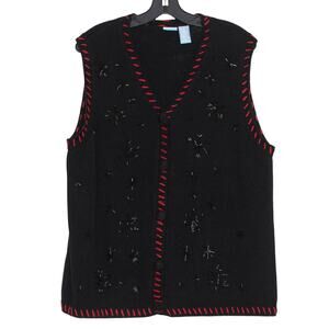 Holiday Editions Sweater Vest Snowflake Beaded Whimsical Folk Rustic Black 1X